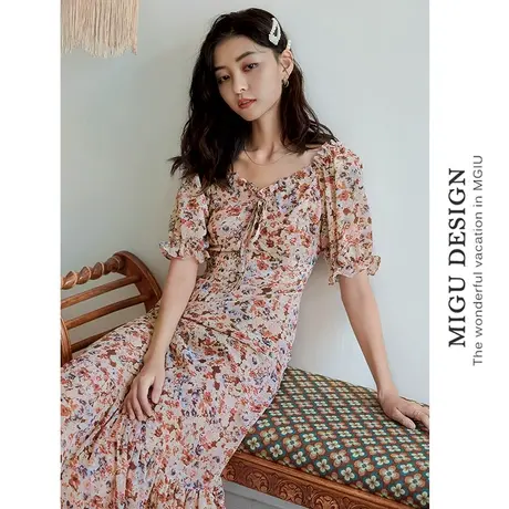弥古短袖薄款雪纺法式小碎花连衣裙女夏季小个子泡泡袖裙子中长裙图片