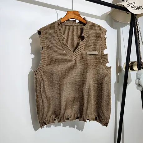 破洞针织马甲女春秋新款韩版宽松v领设计感小众时尚毛衣背心外套商品大图