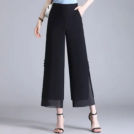 夏季薄款开叉雪纺阔腿裤女2023新款垂感九分直筒裤高腰显瘦休闲裤商品大图