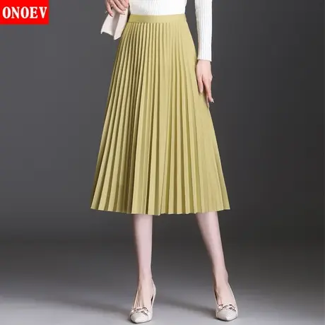 Onoev半身裙女秋冬百褶裙2023新款高腰大摆裙百搭中长款裙子大码图片