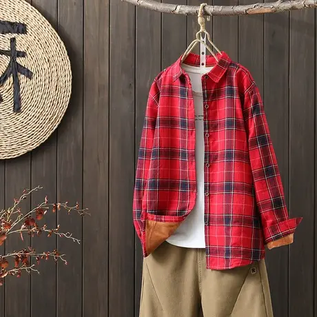 枫谜2022年冬季新款磨毛格子加绒加厚复古百搭休闲显瘦长袖衬衫图片