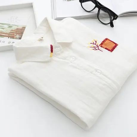 2021春秋装双层棉纱白色长袖衬衫女韩版宽松刺绣纯棉柔软打底衬衣图片