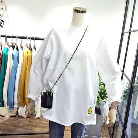 白色纯色卡通韩国简约洋气下摆刺绣黄鸭子宽松长袖打底衫t恤女潮商品大图