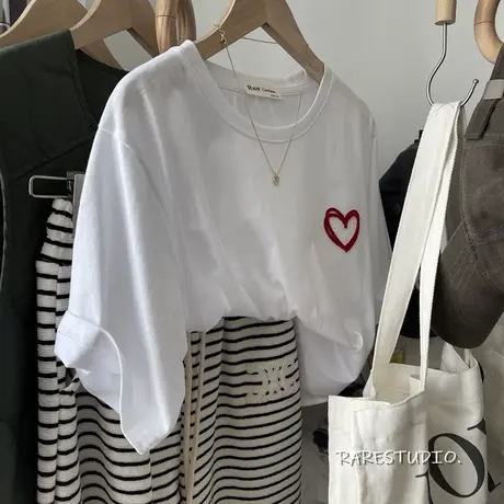 牙刷绣爱心设计款别致简约百搭高级感洋气半袖棉T恤韩版宽松体恤商品大图