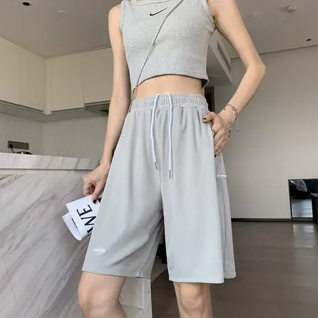 冰丝短裤女夏高腰宽松直筒阔腿中裤休闲灰色运动裤夏季薄款五分裤商品大图