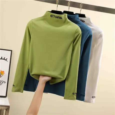 半高领内搭洋气百搭白色长袖t恤加绒上衣秋冬加厚德绒打底衫女装商品大图