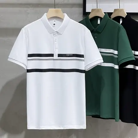 高端短袖Polo衫男2023夏季潮牌男装条纹修身半袖复古休闲翻领t恤商品大图