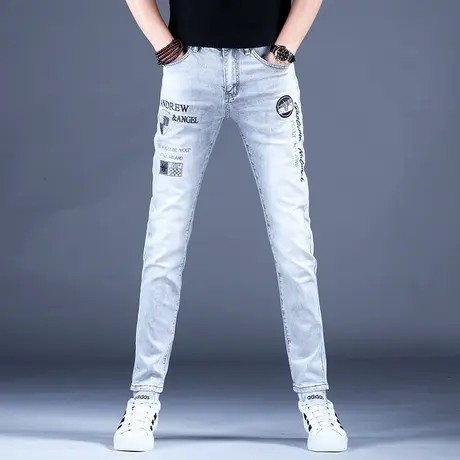 高端刺绣印花浅灰色牛仔裤男款修身小脚裤子男士2023新款弹力潮牌商品大图