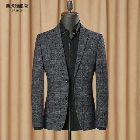 春秋新款休闲西装男士修身外套百搭时尚格子中年单件小西服男上衣图片