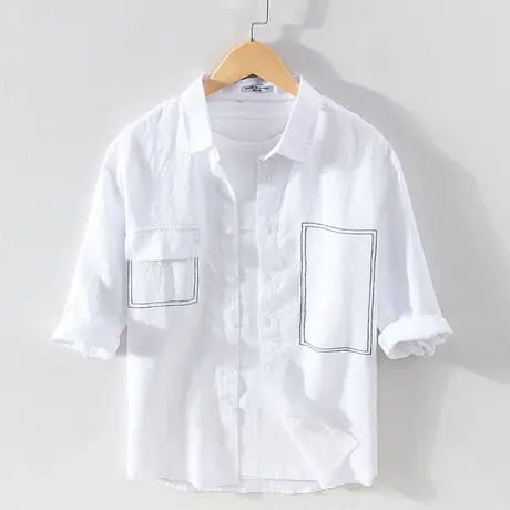 亚麻衬衫男夏季薄款白色衬衣七分袖休闲宽松男士棉麻中式上衣外套商品大图