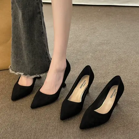 单鞋子女2023春秋新款尖头黑色职业工作鞋女时尚仙女风细跟高跟鞋图片