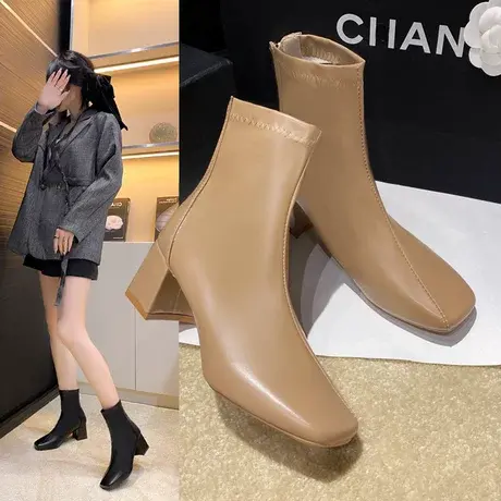 大码秋季新款切尔西短靴女粗跟后拉链马丁靴中跟方头时尚百搭靴子商品大图