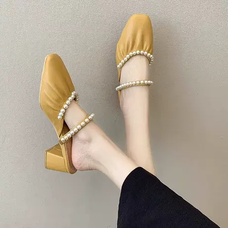 时尚外穿包头半拖鞋女爆款2023新款夏高级感珍珠高跟粗跟凉拖凉鞋商品大图