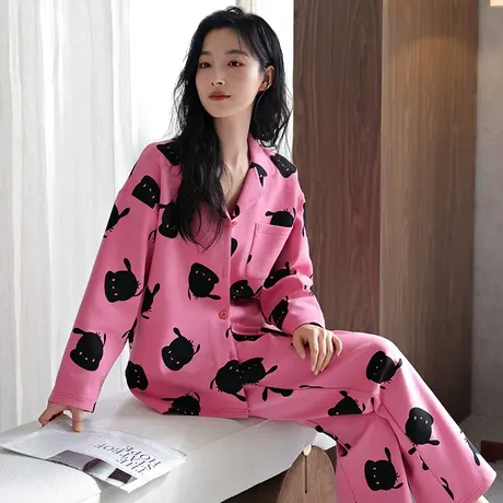婷美新款纯棉睡衣女士春秋季长袖开衫翻领休闲高颜值家居服两件套图片