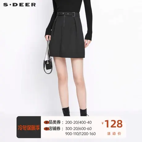 sdeer圣迪奥a字半身裙女装时尚休闲拼接压褶黑色A字短裙S21361304图片
