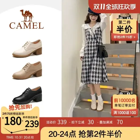 骆驼女鞋2023春秋新款真皮鞋子英伦风小皮鞋女高跟鞋深口粗跟单鞋图片