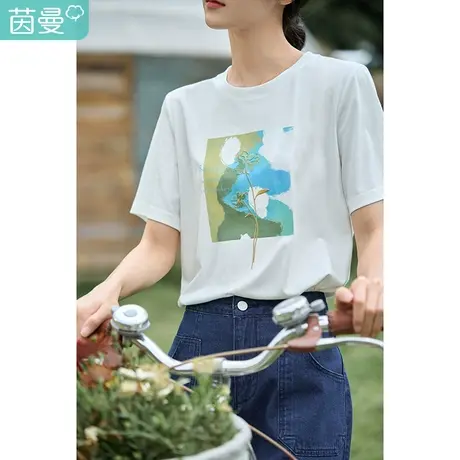 茵曼田园印花绣花T恤女2023夏季新款正肩小清新圆领休闲短袖上衣图片
