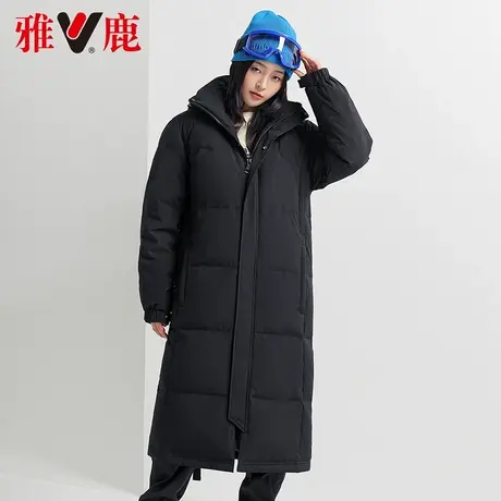 雅鹿黑色连帽羽绒服女中长款2022冬季新款休闲宽松长过膝保暖外套商品大图
