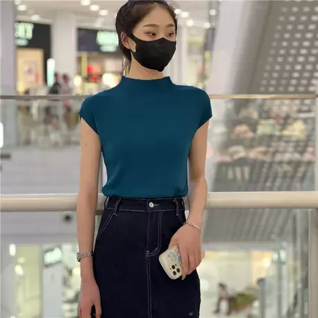 2023夏秋季新款半高领针织衫女短袖纯色无袖T恤宽松显瘦上衣ins潮商品大图
