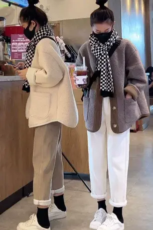 撞色复古羊羔毛外套女2023年冬季新款小香风宽松加厚中长款小个子商品大图