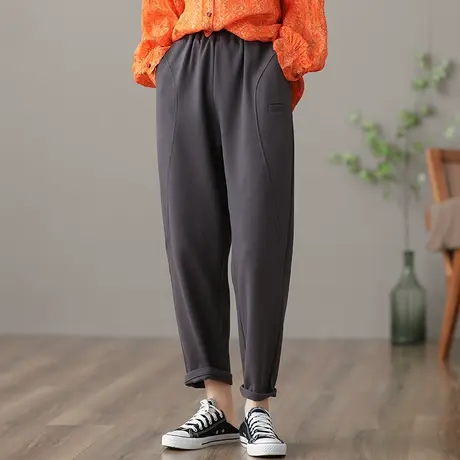 dza 高腰显瘦九分哈伦裤子女士春季新款休闲运动裤宽松复古阔腿裤图片