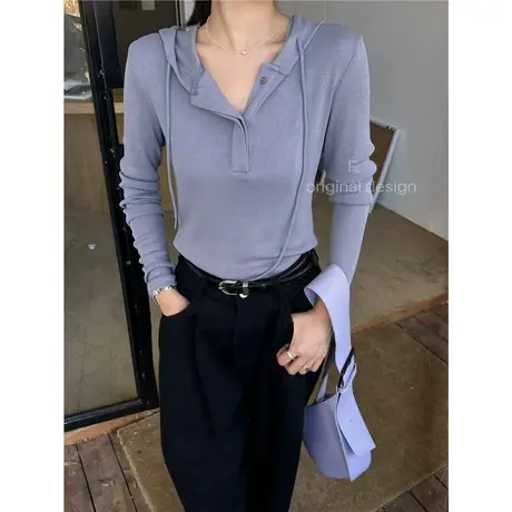 十三行长袖韩版连帽T恤女秋季新款百搭修身显瘦纯色打底衫上衣服图片