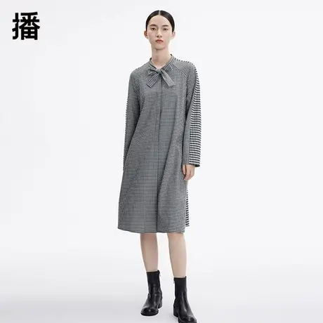 播格子连衣裙女2023秋季新款休闲气质柔美飘带系带A字裙中长裙图片