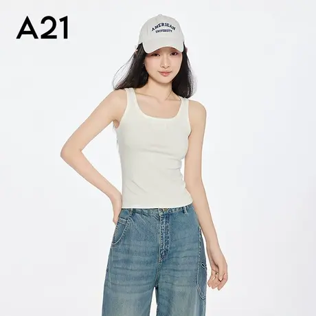 a21女装新款简约米白色u型领露肩修身显瘦工字背心薄款上衣图片