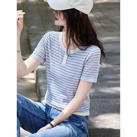 时尚气质圆领格纹休闲针织衫女士2025年夏季衫百搭薄款透气T恤图片