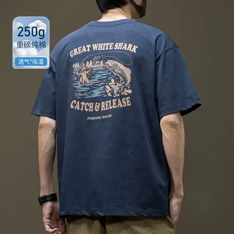 潮牌印花美式体恤男250g双纱纯棉短袖t恤新款2025夏季宽松大码衫图片
