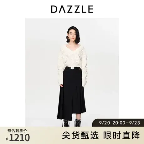 DAZZLE地素奥莱2023春季新款白色浮雕logo提花镂空弹力袖毛针织衫图片