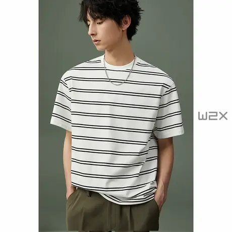 w2x夏季重磅条纹短袖T恤男简约时尚百搭圆领体恤少年感休闲半袖潮商品大图