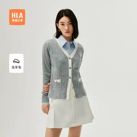 HLA/海澜之家温柔长袖针织开衫24春夏新含羊毛纽扣复古外套女装商品大图