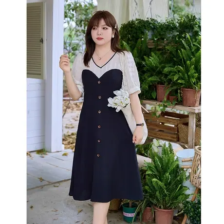 大码法式拼接显瘦假胖mm两件连衣裙2023年夏装新款高级感茶歇长裙商品大图