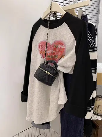 潮牌打底衫女大码oversize宽松秋装内搭ins潮插肩袖设计长袖T恤女商品大图