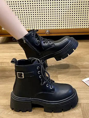 黑色小个子英伦风厚底马丁靴女2023新款秋季显瘦系带粗跟复古短靴图片