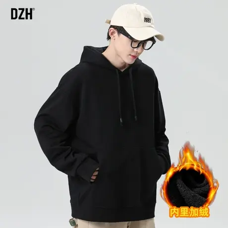 男士黑色打底卫衣男加绒加厚连帽宽松长袖上衣男装2023年新款冬装商品大图