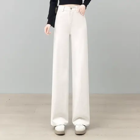拉夏贝尔白色阔腿牛仔裤女2025秋季新款高腰闲宽松显瘦直筒长裤子商品大图