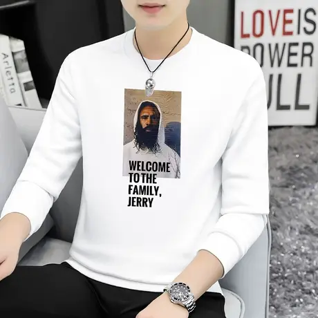 380g重磅纯棉卫衣男潮流宽松摇粒绒加绒保暖圆领无帽白色长袖t恤商品大图