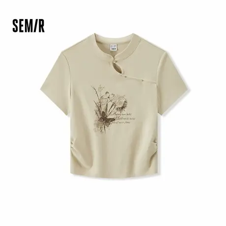 森马短袖T恤女短款新中式蝴蝶水墨画印花夏小立领紧身上衣小心XY商品大图