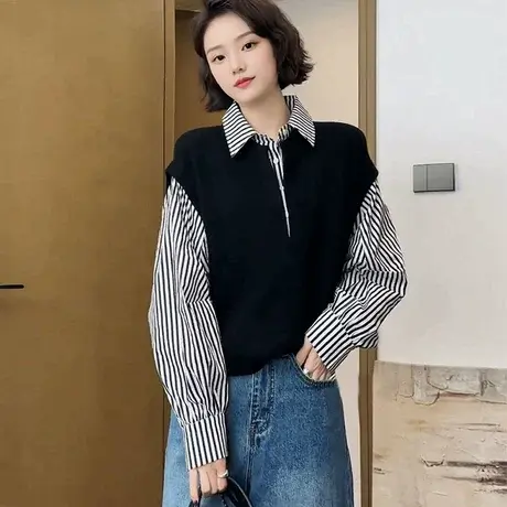 2025秋季设计感小众假两件黑色条纹衬衫大码女装胖MM高级长袖上衣商品大图