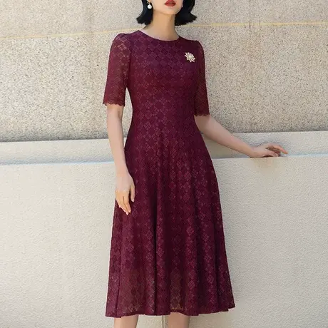 喜婆婆婚宴装连衣裙夏2023新款高贵气质洋气修身红色蕾丝过膝裙子图片