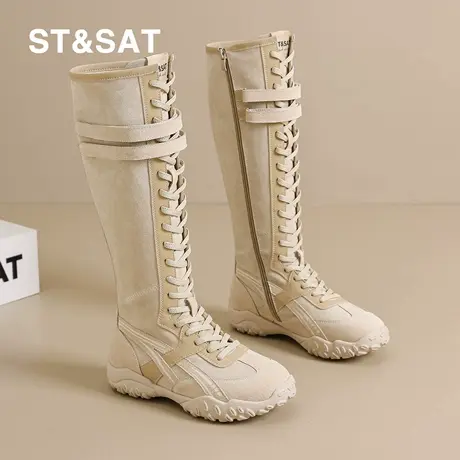 St&Sat/星期六复古绑带骑士靴女秋冬机车长筒靴百搭显腿长拳击靴商品大图