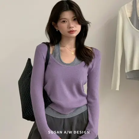 韩版简约假两件拼接挂脖针织衫女秋季2025新款显瘦别致百搭上衣潮商品大图