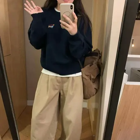 藏蓝色圆领卫衣女2025新款小个子正肩韩系超好看独特漂亮短款上衣商品大图