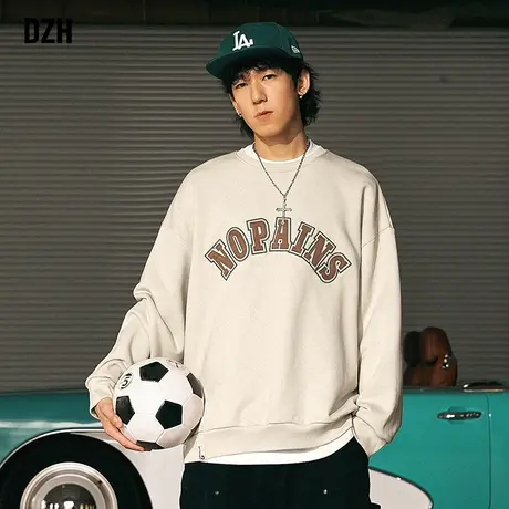 男士杏色卫衣男圆领春秋款美式潮牌重磅长袖上衣男生情侣百搭外套商品大图