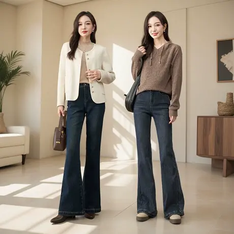 娅丽达加绒喇叭裤修身微喇牛仔裤女2025年冬季新款马蹄裤拖地长裤图片