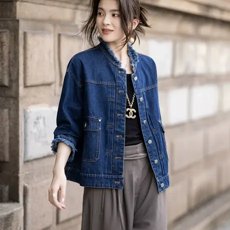 牛仔外套女2025新款今年流行爆款小香风独特短款毛须小立领上衣女商品大图