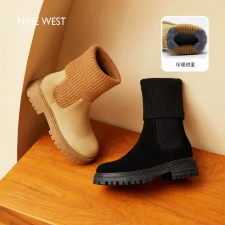 Nine West/玖熙弹力靴女秋冬加绒厚底休闲鞋百搭大黄靴短靴图片