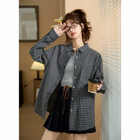 yoe秋季新款长袖衬衫女翻领格子衬衫复古日系上衣宽松外套TMTA商品大图